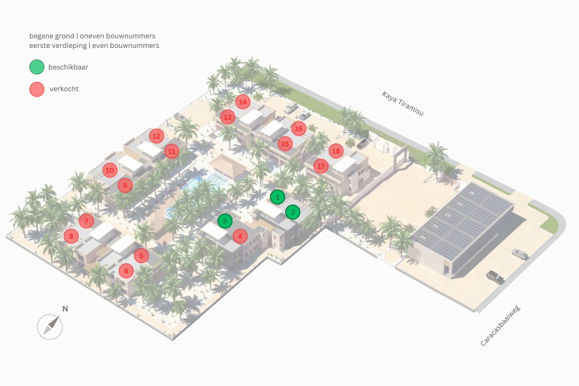 Situatietekening van Jan Thiel Residence met de bouwnummers