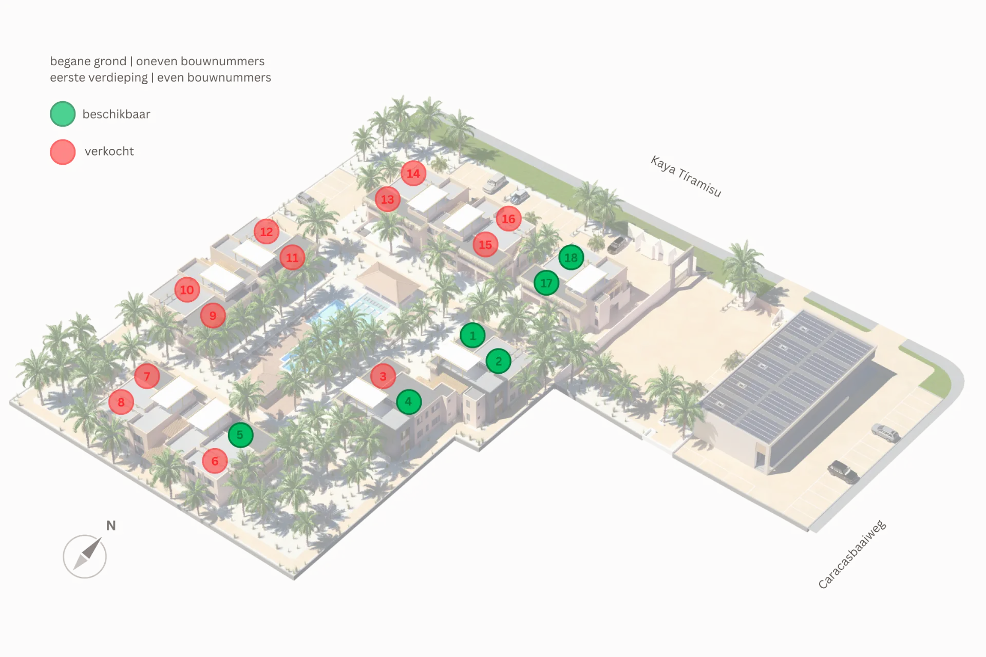 Situatietekening van Jan Thiel Residence met de bouwnummers